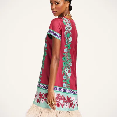 La Doublej Swing Feather-trimmed Printed Silk-twill Mini Dress In Pink