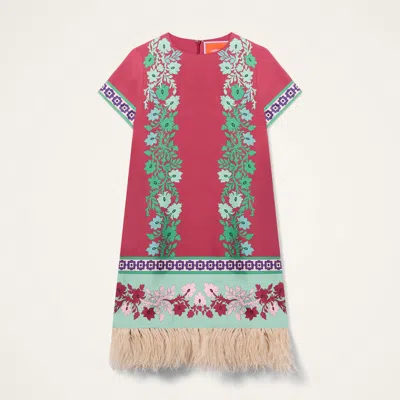 La Doublej Swing Feather-trimmed Printed Silk-twill Mini Dress In Pink