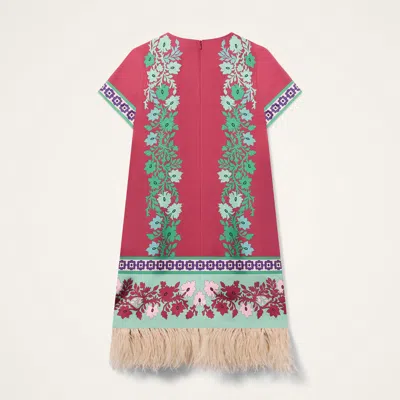 La Doublej Swing Feather-trimmed Printed Silk-twill Mini Dress In Pink
