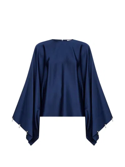 Stella Mccartney Navy Blue Envers Satin Pearl And Crystal-embellished Blouse In Blue