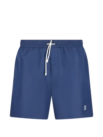 Brunello Cucinelli Straight-leg Mid-length Logo-embroidered Swim Shorts In Blue