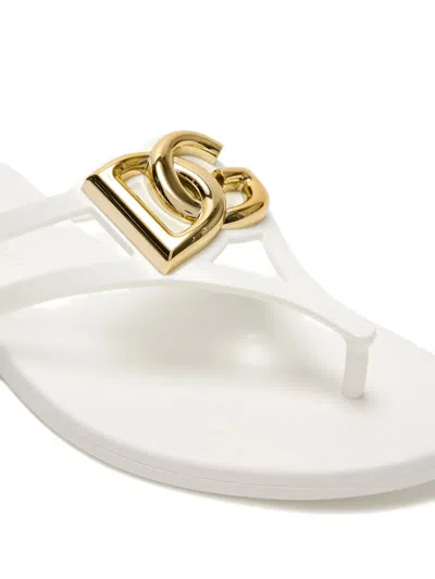 Dolce & Gabbana White Thong Sandals With Logo Plaque On The Front In Rubber Woman In Multi