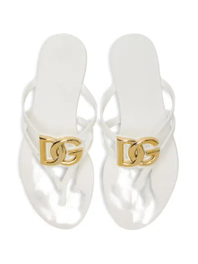 Dolce & Gabbana White Thong Sandals With Logo Plaque On The Front In Rubber Woman In Multi