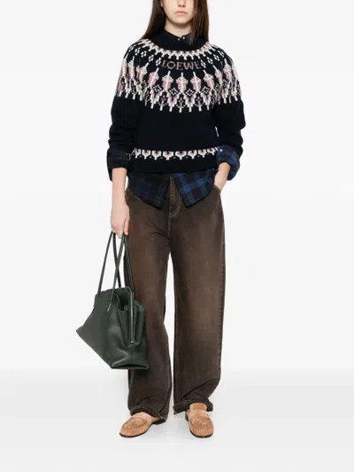 Loewe Stretch Wool Blend Sweater With Patterned Design In Black