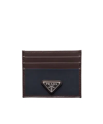Prada Leather Card Holder Featuring Contrast Panel In Black