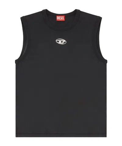 Diesel T-bisco-iod Black Sleeveless Top With Logo Detail On The Front In Cotton Man In Metallic