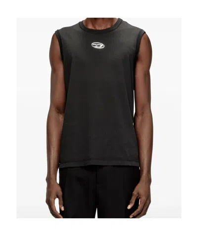 Diesel T-bisco-iod Black Sleeveless Top With Logo Detail On The Front In Cotton Man In Metallic