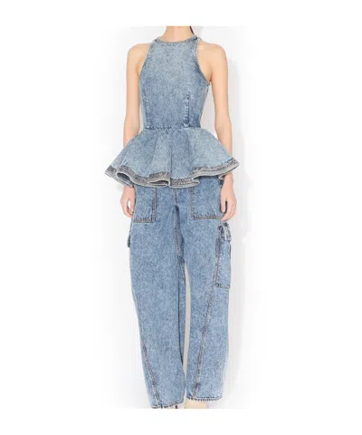 Alaïa Alaia Peplum Halterneck Top With Ruched Hem And Fitted Waist In Blue