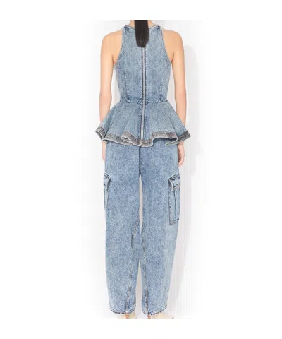 Alaïa Alaia Peplum Halterneck Top With Ruched Hem And Fitted Waist In Blue