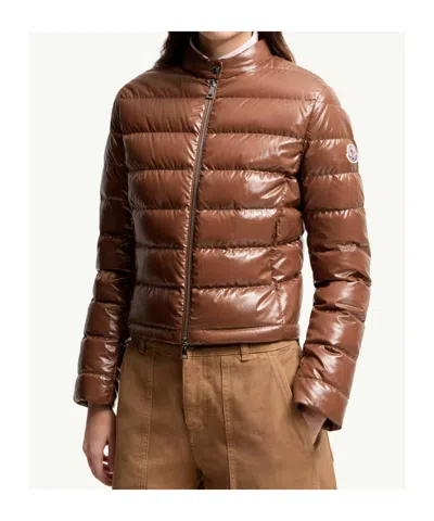 Moncler Papillon Short Down Jacket With Glossy Finish In Brown