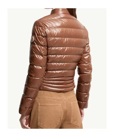 Moncler Papillon Short Down Jacket With Glossy Finish In Brown