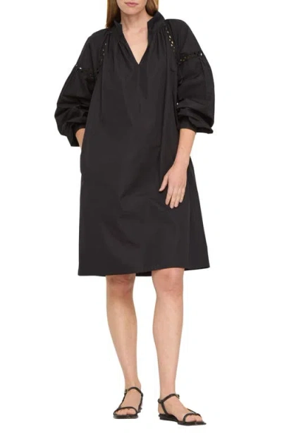 Lafayette 148 New York Soutache Trim Long Sleeve Organic Cotton Poplin Popover Dress In Black