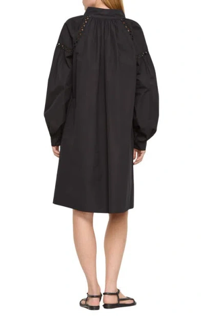 Lafayette 148 New York Soutache Trim Long Sleeve Organic Cotton Poplin Popover Dress In Black