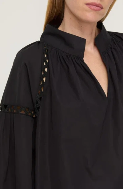 Lafayette 148 New York Soutache Trim Long Sleeve Organic Cotton Poplin Popover Dress In Black