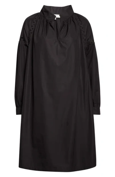 Lafayette 148 New York Soutache Trim Long Sleeve Organic Cotton Poplin Popover Dress In Black