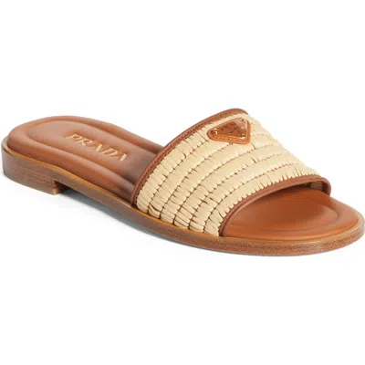 Prada Beige Raffia And Leather Slippers In Multi