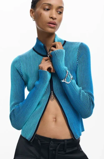 Desigual Front Zip Rib Jacket In Blue