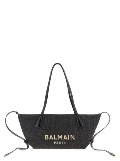 Balmain Women Track Shoulder Bag In Leather And Raffia In Black