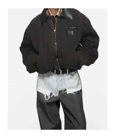 Acne Studios Appliquéd Leather-trimmed Distressed Cotton-twill Jacket In Black