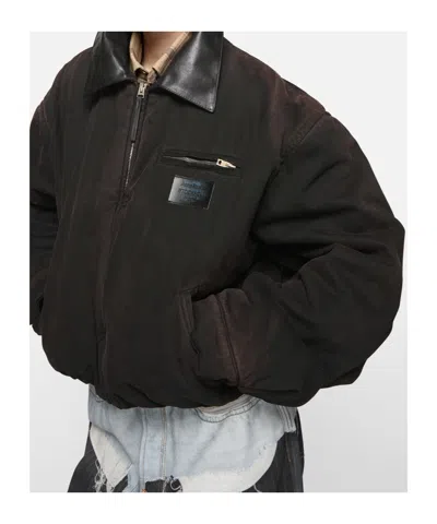 Acne Studios Appliquéd Leather-trimmed Distressed Cotton-twill Jacket In Black