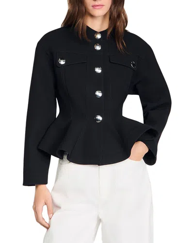 Sandro Womens Black Peplum-hem Cropped Woven Jacket