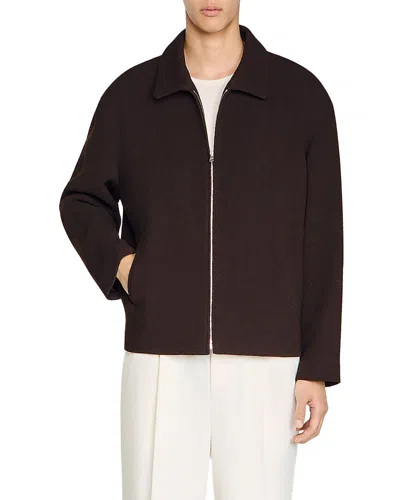 Sandro Waffled Regular Collar Zip Jacket In Brown