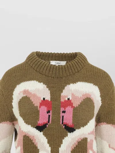 Chloé Hand Knit Flamingo Intarsia Wool Crewneck Sweater In Brown