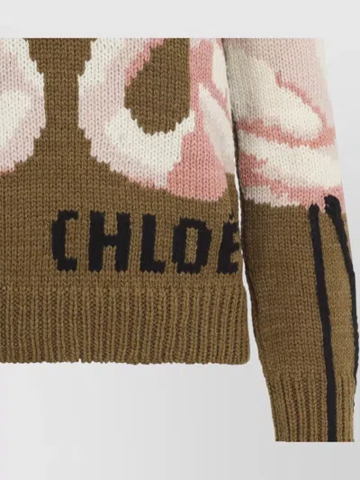Chloé Hand Knit Flamingo Intarsia Wool Crewneck Sweater In Brown