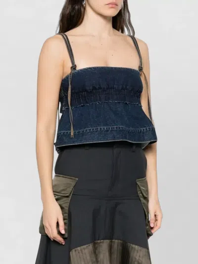 Sacai Denim Pullover Top Adjustable Straps Ruffles In Blue