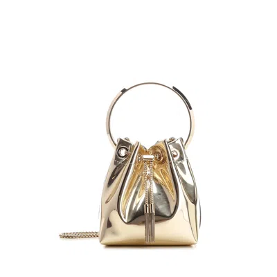 Jimmy Choo Shiny Mirror-effect Bon Bon Bag With Chain Drawstring And Metal Handle In Gold