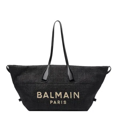 Balmain Women Calfskin And Raffia Track Shoulder Bag In Black