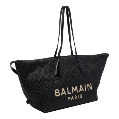 Balmain Women Calfskin And Raffia Track Shoulder Bag In Black