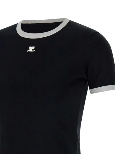 Courrèges Courreges Women Cotton T Shirt With Contrasting Profiles In Black