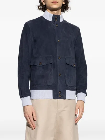 Eleventy Leather Jacket Chest Pockets Front Ribbed Hem In Blue