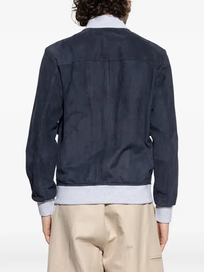 Eleventy Leather Jacket Chest Pockets Front Ribbed Hem In Blue