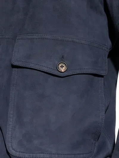 Eleventy Leather Jacket Chest Pockets Front Ribbed Hem In Blue