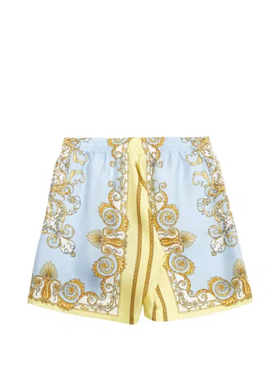 Versace Silk Barocco Shorts In Blue