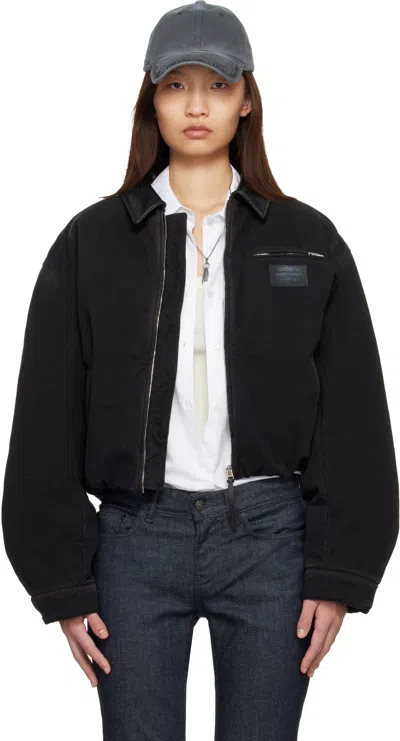 Acne Studios Appliquéd Leather-trimmed Distressed Cotton-twill Jacket In Black