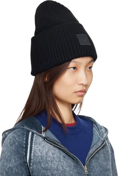 Acne Studios Black Large Face Logo Beanie In Black
