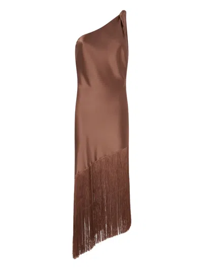 Pinko Brown Dress With Asymmetrical Design And Fringes In Tech Fabric Woman