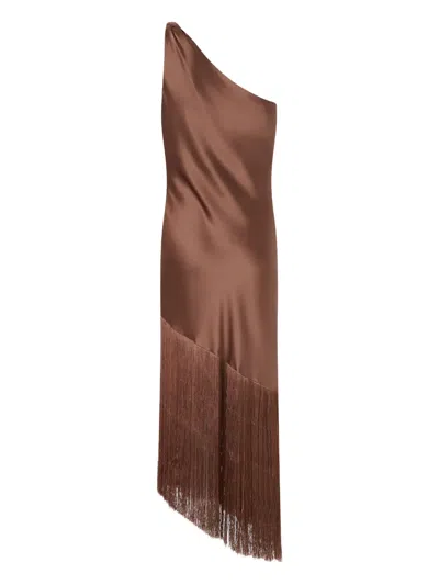 Pinko Brown Dress With Asymmetrical Design And Fringes In Tech Fabric Woman