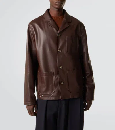 Loewe Camp-collar Logo-debossed Leather Jacket In Brown