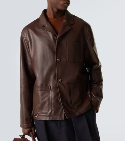 Loewe Camp-collar Logo-debossed Leather Jacket In Brown