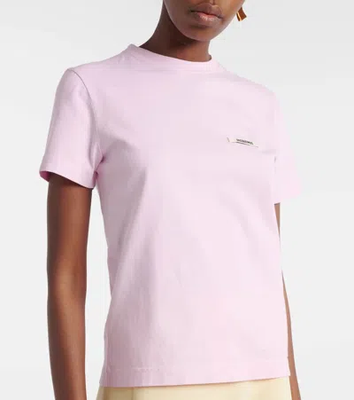 Jacquemus Pink Crew Neck T-shirt With Logo Patch On The Front In Cotton Woman