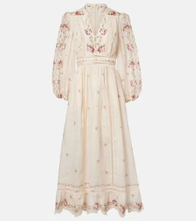 Zimmermann Patience Floral Linen Midi Dress In Neutral