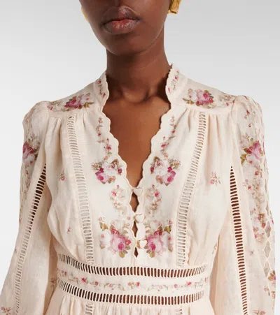 Zimmermann Patience Floral Linen Midi Dress In Neutral