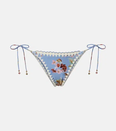 Zimmermann Awaken Crochet-trimmed Embellished Floral-print Bikini Briefs In Blue