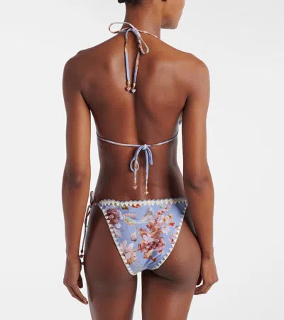 Zimmermann Awaken Crochet-trimmed Embellished Floral-print Bikini Briefs In Blue