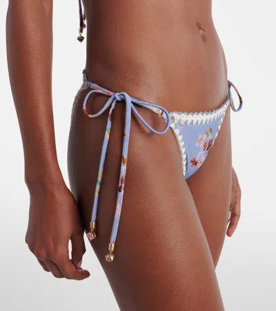 Zimmermann Awaken Crochet-trimmed Embellished Floral-print Bikini Briefs In Blue