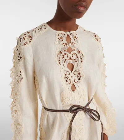 Zimmermann Awaken Long Sleeve Lace Trim Linen Minidress In Neutral